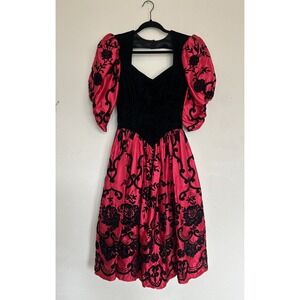 Vintage Gunne Sax Red Satin Midi Formal Dress Black Velvet Puff S Regency Gothic